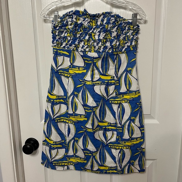 Lilly‎ Pulitzer Blue White Sailboat Strapless Dress - Picture 2 of 7